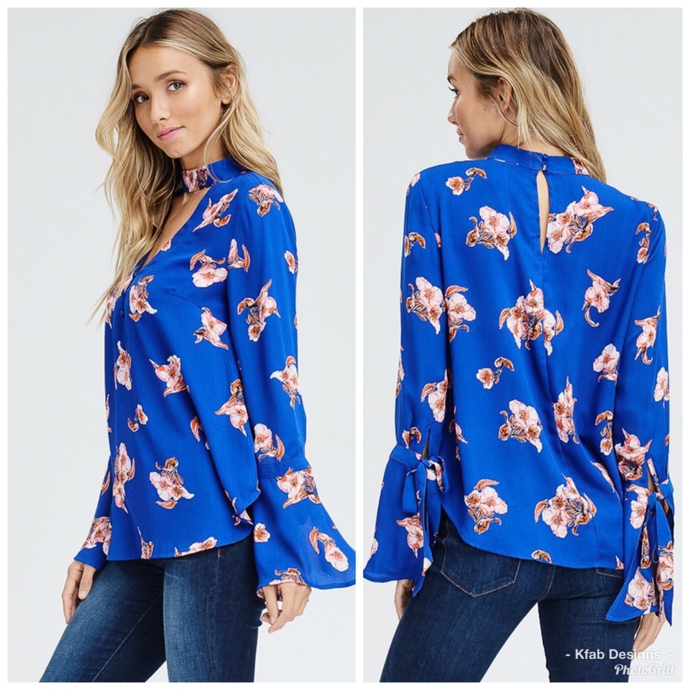 🥰LAST 1! 💕Royal Blue Floral Crepe Choker Top! - Picture 2 of 4